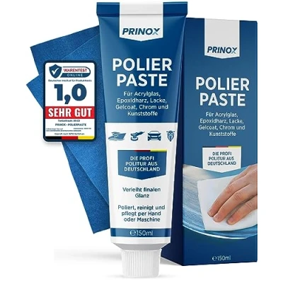 Abbildung von PRINOX® 150ml Polierpaste inkl. Profi Poliertuch I Politur für Acrylglas, Lacke, Gelcoat gfk, Chrom &amp; Kunststoffe Entfernt Mattierungen Mikro Kratzer