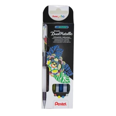 Abbildung von Pentel K110 4XZ Dual Metallic Hybrid Gelroller, verschiedene farb Effekte auf Hellem/Dunklem Papier, 4er Set sortiert