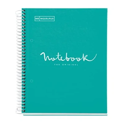 Abbildung von Miquelrius Notizbuch A5 Notebook, 1 farbiger Streifen, 80 Blatt mit raster 5 x mm, Papier 90 g/m² mikroperforiert 2 Bohrungen für Ringe, Einband aus Karton, Farbe Türkis