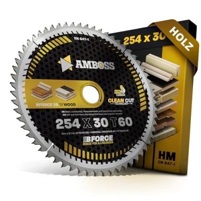 Abbildung von HM Kreissägeblatt 254x30 Z60 Wechselzahn neg. für Holz Kappsäge Feinschnitt. AMBOSS WERKZEUGE® Sägeblatt 254mm komp. zu Metabo KGS 254.KGS 18 LTX BL 254 Bosch GCM 18V 254. 350 254.GCM 10 GDJ