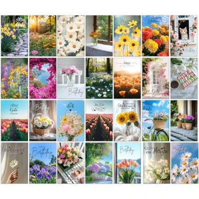 Abbildung von the lazy panda card company Set 30 Geburtstagskarten Glückwunschkarten zum Geburtstag mit Umschlag. Grusskarte Blumen Geburtstagskarte Happy Birthday Mann Frau Karten Karte