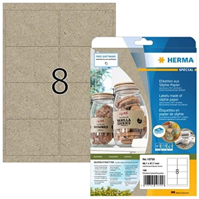 Abbildung von HERMA 10755 Adressetiketten aus Graspapier, 20 Blatt, 99,1 x 67,7 mm, 8 pro A4 Bogen, 160 Stück, selbstklebend, bedruckbar, matt, blanko Silphie Papier Adressaufkleber Etiketten, natur braun