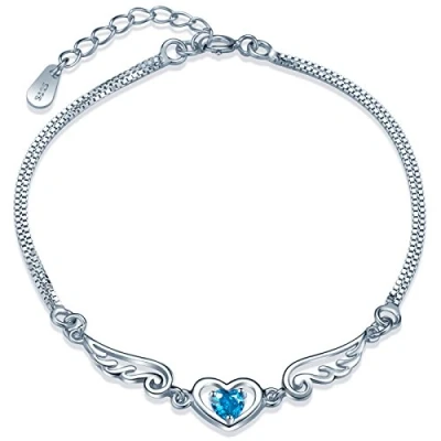 Abbildung von Yumilok 925 Sterling Silber Blau Zirkonia Herzen Engelsflügel Charm Armband Armkette Verstellbar Armkettchen Armschmuck für Damen Mädchen