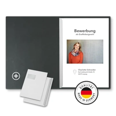 Abbildung von 3 Stück 2 teilige Bewerbungsmappen Schwarz mit 1 Klemmschiene in feinster Lederstruktur inkl. Versandumschläge im C4 Format Fenster