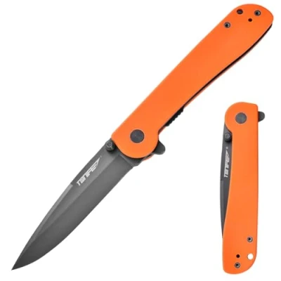 Abbildung von TONIFE Guidingstar Klappmesser mit Taschenclip, Rutschfeste EDC Einhandmesser, 8Cr14MoV Klinge und G10 Griff für Outdoor Camping Messer (Orange + Grau Titan)