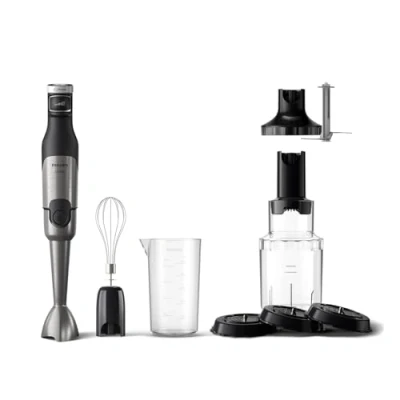 Abbildung von Philips 5000 Serie Stabmixer inkl. Schneebesen, Spiralizer, XL Zerkleinerer 1200 W Leistung. ProMix Technologie. LED Geschwindigkeitsanzeiger. Stufenlose Geschwindigkeitseinstellung (HR2684/00)