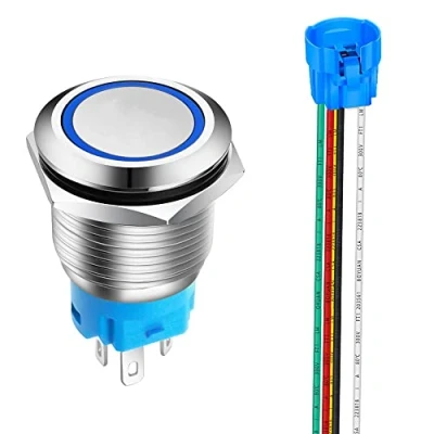 Abbildung von Gebildet 19mm Edelstahl Kurzzeitiger Drucktasten 12V 24V 5A LED 1NO1NC SPDT ON Off Wasserdichter mit Steckdose Stecker(Blau LED)