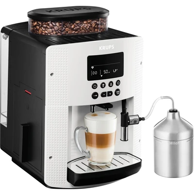 Abbildung von Krups Essential Kaffeevollautomat EA8161 3 Temperaturstufen + Mahlstärken Espresso Kaffee LCD Anzeige Auto Cappuccino XS6000 Set Energieklasse A weiß