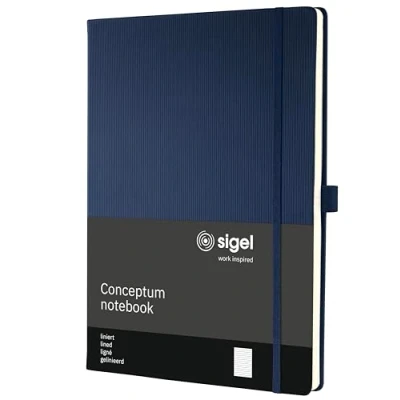 Abbildung von SIGEL CO647 Premium Notizbuch liniert, A4, Hardcover, blau, aus nachhaltigem Papier Conceptum mit Seitenzahlen, Inhaltsverzeichnis, Stiftschlaufe, Falttasche
