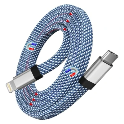 Abbildung von Magtame USB C Light ning Kabel 1M, Magnetisch iPhone Ladekabel, Spiralkabel Aufgerollt Flach Original MFi Zertifiziert Nylon Geflochten für 14/13/13 Pro/12/12 Pro Max/11 SE Blau