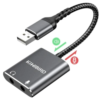 Abbildung von KiWiBiRD USB auf 3,5mm Klinke Adapter, Externe Soundkarte, Kopfhörer und Mikrofon Klinkenadapter, Headset Aux Adapter Kompatibel mit PS5 PS4, MacBook Air Pro, Raspberry Pi, Windows PC, Mac