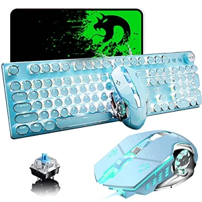 Abbildung von USB Tastatur mit Kabel, mechanisch, blauer Schalter, Retro, Steampunk, Vintage, Schreibmaschinen Stil, weiße LED Hintergrundbeleuchtung, 104 Tasten, Anti Ghosting + 2400 dpi, 6 Gaming Maus