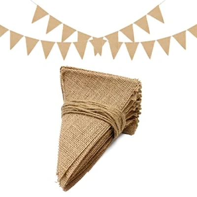 Abbildung von jijAcraft Wimpelkette Jute Wimpel Leinen Girlande 15 Meter Hessischen Banner Rustikal für Hochzeitsdekoration, Partydekoration, Taufe (48 Stück Wimpel)