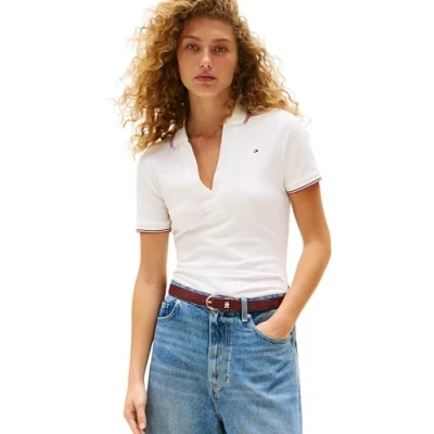 Abbildung von Tommy Hilfiger Damen Poloshirt Kurzarm Open Slim Fit, Weiß (Ecru), XXL