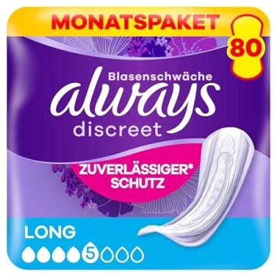 Abbildung von Always Discreet Inkontinenzeinlagen Long, 80 Binden (4 x 20 Stück) Monatspaket, diskreter Schutz &amp; hohe Saugstärke, geruchsneutralisierend (Verpackung kann variieren)