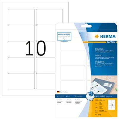 Abbildung von HERMA 8840 Universal Etiketten für Inkjet Drucker, 25 Blatt, 83,8 x 50,8 mm, 10 pro A4 Bogen, 250 Stück, selbstklebend, bedruckbar, matt, blanko Klebeetiketten Aufkleber Tintenstrahldrucker, weiß