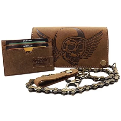 Abbildung von myledershop Echt Büffel Vollleder Querformat Bikerbörse/Geldbörse/Geldbeutel/Portemonnaie mit Metallkette und Totenkopf Motiv herausnehmbarem Kartenetui RFID &amp; NFC Schutz (Braun)