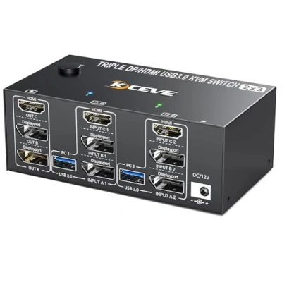 Abbildung von DP + HDMI KVM Switch 2 PC 3 Monitore, YOUTINGHDAV Triple Monitore Displayport 8K@60Hz 4K@144Hz, USB 3.0 für Teilen Maus, Tastatur und