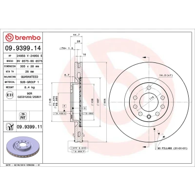 Abbildung von BREMBO COATED DISC LINE 09.9399.11 Bremsscheibe 305 28 5 innenbelüftet beschichtet FIAT: Croma II Estate