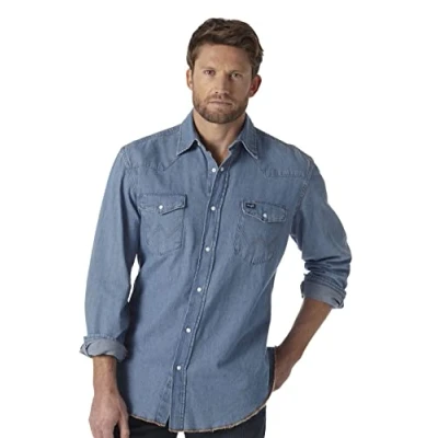 Abbildung von Wrangler Herren Westernhemd mit Langen Ärmeln, Druckknopfverschluss, Gewaschene Oberfläche Blau Groß