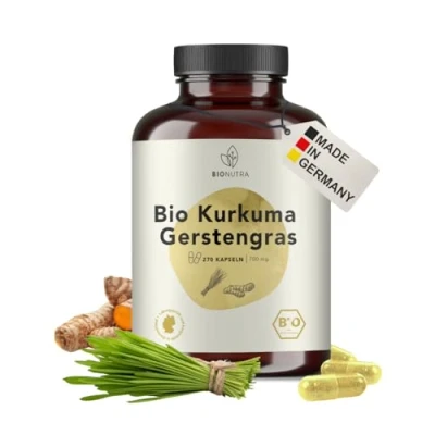Abbildung von BIO Kurkuma Gerstengras Kapseln hochdosiert, 4200 mg Tagesdosis, rückstandskontrolliert, deutsche Herstellung, vegan, ohne Zusätze, Bio, 270 x 700mg, BIONUTRA®