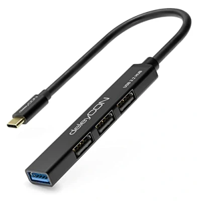 Abbildung von deleyCON USB C HUB 4 Port Verteiler (1x USB3.0 / 3X USB2.0) Aluminium Gehäuse, 15cm, Für PC, Laptop, Notebook, MacBook, iMac, iPad, iPhone, Galaxy, Smartphone, Tablet Schwarz