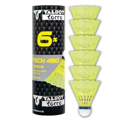 Abbildung von Talbot Torro Badminton Ball Tech 450, 6er Dose, Farbe: Gelb, Geschwindigkeit: Blau/Mittel, Premium Nylonfederball, Federball Shuttle, Nylonshuttles, für Indoor &amp; Outdoor