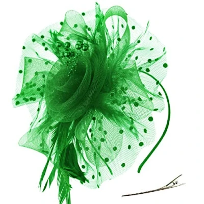 Abbildung von DRESHOW Fascinators Hut Blume Mesh Bänder Federn auf einem Stirnband und geteilten Clip Cocktail Tea Party Headwear für Mädchen Frauen,Grun,Einheitsgröße