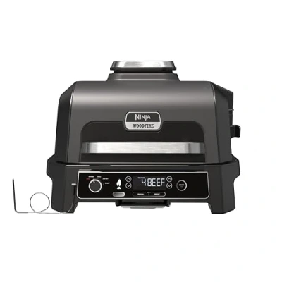 Abbildung von Ninja Woodfire Pro XL Elektrogrill, großer 4 in 1 Außengrill mit Smoker &amp; Heißluftfritteuse, Smart Cook System integriertem Thermometer, Holzfeuer Pellets, wetterfest, tragbar, Grau/Schwarz OG850EU