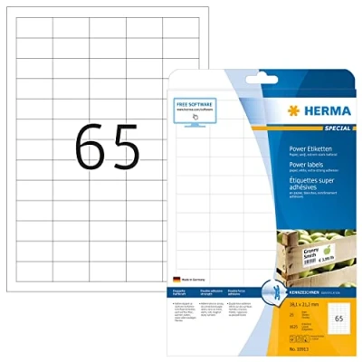 Abbildung von HERMA 10913 Power Etiketten, 25 Blatt, 38,1 x 21,2 mm, 65 pro A4 Bogen, 1625 Stück, selbstklebend, bedruckbar, extrem stark haftend, blanko Papier Klebeetiketten Aufkleber, weiß