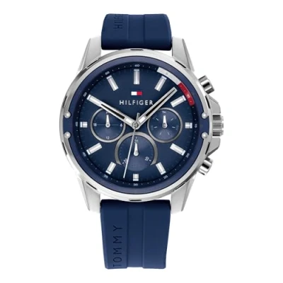 Abbildung von Tommy Hilfiger Multi Zifferblatt Quarz Uhr für Herren mit Blaues Silikonarmband 1791791