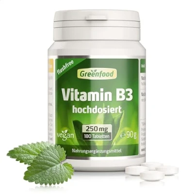 Abbildung von Vitamin B3 Hochdosiert Niacin mit 250mg Niacinamide pro Tag (180 vegane Tabletten) Unterstützt Energiestoffwechsel &amp; Hautgesundheit ohne Zusätze, Gentechnik, laborgeprüft Greenfood