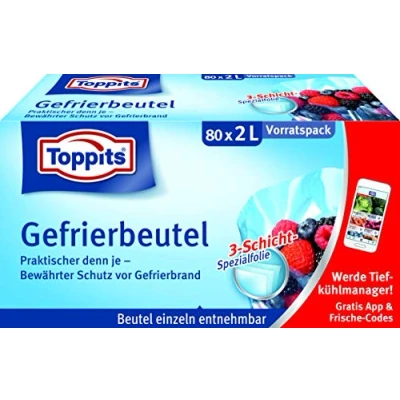 Abbildung von Toppits Gefrierbeutel Vorratspack, 2 Liter, 80 Stück, Standboden, Transparent