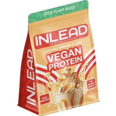 Abbildung von INLEAD Vegan Protein CARAMEL POPCORN Veganes Proteinpulver mit Cremiger Konsistenz Optimales Aminosäureprofil 100% Pflanzlich ohne zugesetztem Zucker Mehrkomponenten Eiweißpulver 500g