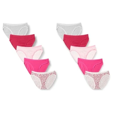 Abbildung von Amazon Essentials Damen Bikinihose aus Baumwolle (in Übergröße erhältlich), 10er Pack, Grau/Rosa/Blumen, 36