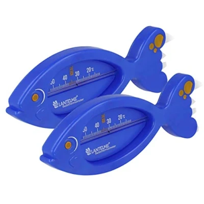 Abbildung von Lantelme 2 Stück Badethermometer Fisch in Blau Analog Thermometer für sicheres Baden Badewanne Baby Kleinkinder Kinder Erwachsene Präzise Messung bis 52C Wassertemperatur im Badezimmer