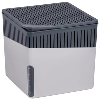 Abbildung von WENKO Raumentfeuchter Mod. Cube, Luftentfeuchter reduziert Schimmel &amp; Gerüche, Auffangschale mit 1 kg Granulatblock nachfüllbar, fasst bis zu 1,6 l Feuchtigkeit, 16,5 x 15,7 cm, Grau