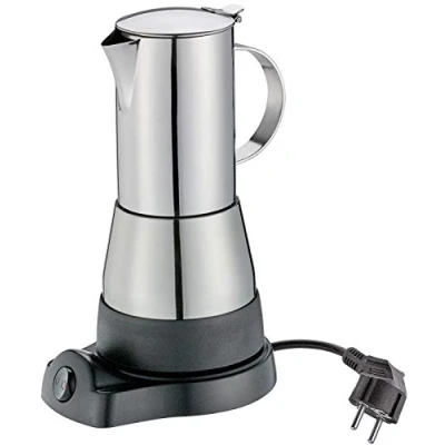 Abbildung von cilio Espressokocher elektrisch AIDA für 6 Tassen Espresso (300ml) rostfreier Edelstahl auch unterwegs, Camping Kaffeekocher mit Warmhaltefunktion 480W, Silber