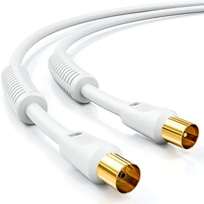 Abbildung von deleyCON 2m TV Antennenkabel Koaxial Kabel HDTV 4 fach Schirmung 2x Ferritkern Mantelstromfilter DVB T T2 Radio DAB Weiß