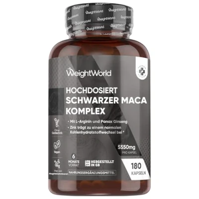 Abbildung von Maca Kapseln 5550mg pro Kapsel 6 Monate Vorrat Schwarzer &amp; Gelber Komplex mit L Arginin, Panax Ginseng, Pfeffer Zink 180 Pulver Capsules Für Frauen Männer WeightWorld