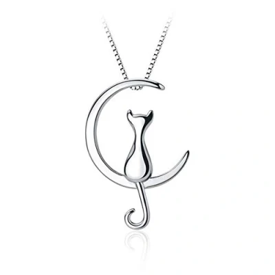 Abbildung von Belons Damen Kette 925 Sterling Silber Zirkonia Katze auf Mond Anhänger Halskette mit Kätzchen Mondsichel
