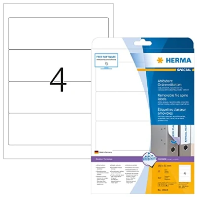 Abbildung von HERMA 10165 Ordnerrücken Etiketten ablösbar kurz breit, 25 Blatt, 192 x 61 mm, 4 pro A4 Bogen, 100 Stück, selbstklebend, bedruckbar, blickdicht, Papier Ordneretiketten Rückenschilder Aufkleber, weiß