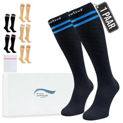 Abbildung von 360 Relief Kompressionsstrümpfe Klasse 1 für Damen und Herren 15 20 mmHg Stützstrümpfe langstreckenflug, Reise, Sports, Running, Laufen Paar Kompressionssocken L/XL Schwarz mit Wäschenetz
