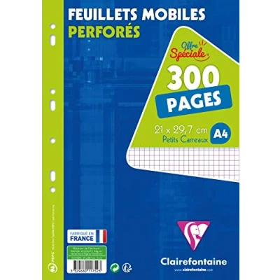Abbildung von Clairefontaine 11752C Packung mit 150 Blatt Ringbucheinlagen DIN A4 21x29,7cm, 90g gelocht, kariert 5/5, eingeschweißt, Weiß, 1 Pack