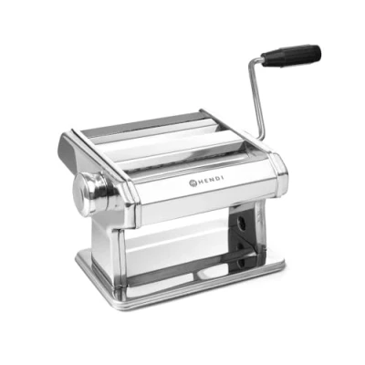 Abbildung von HENDI Pastamaschine, Manuell, für die Zubereitung von frischer pasta, Teigroller, Tagliatelle, Fettucine, Breite des Teigs bis zu 140mm, 7 stufig einstellbar 0,2 2,5mm, 440x382x(H)340mm, Edelstahl