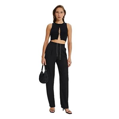 Abbildung von Trendyol Damen Drapierte Gefaltete Breite Pants, Schwarz, 34 EU