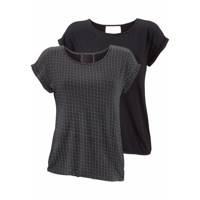 Abbildung von Lascana 2 pack Tshirt print schwarzgemustert+schwarzuni, Damen, Größe: 44/46, Schwarz/gemustert+schwarz/uni