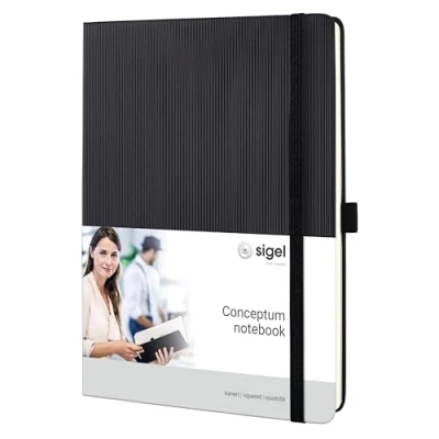 Abbildung von SIGEL CO117 Premium Notizbuch kariert, Composition (B5) Tablet Format, Hardcover, schwarz aus nachhaltigem Papier Conceptum mit Seitenzahlen, Inhaltsverzeichnis, Stiftschlaufe, Falttasche