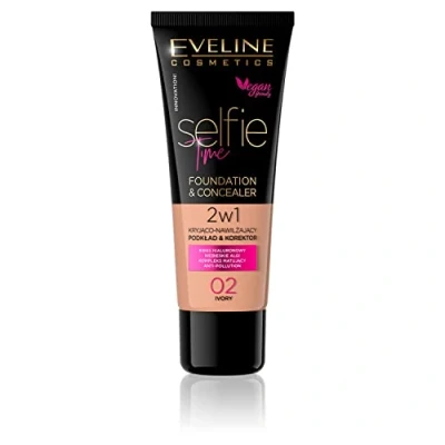 Abbildung von Eveline Cosmetics Selfie Time 2 in 1 Foundation und Concealer mit Hyaluronsäure, Blaualgen &amp; Vitamin E Anti Pollution Formel, erhältlich 6 Farbtönen