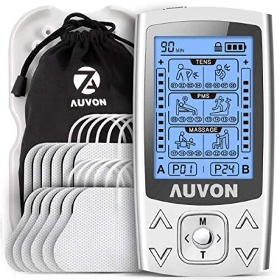 Abbildung von AUVON TENS EMS Gerät, 2 Kanäle und 24 Modi 3 in 1 Reizstromgerät mit 12 Stücke 2&quot;x2&quot; Elektroden Pads patentiertem Design zur Schmerzlinderung &amp; Muskelaufbau am Rücken, Schultern usw.